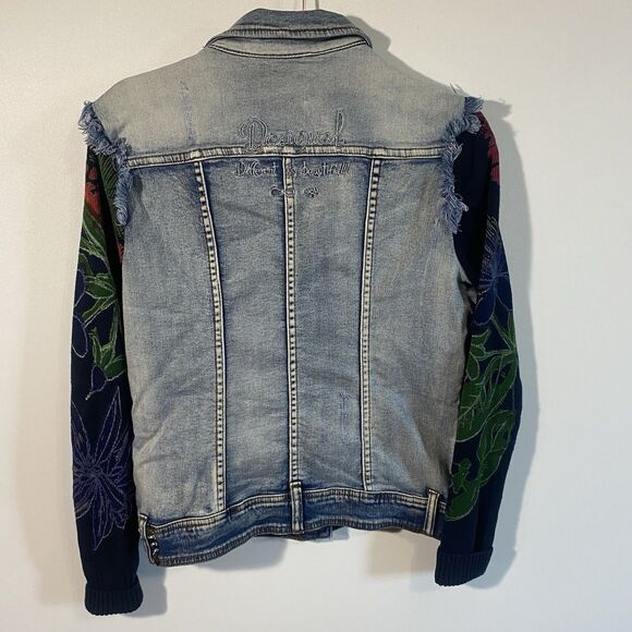 DESIGUAL Denim Jacket Womens EU 36 (US 6) Designer Artistic Knit Sleeve Boho - Picture 5 of 13